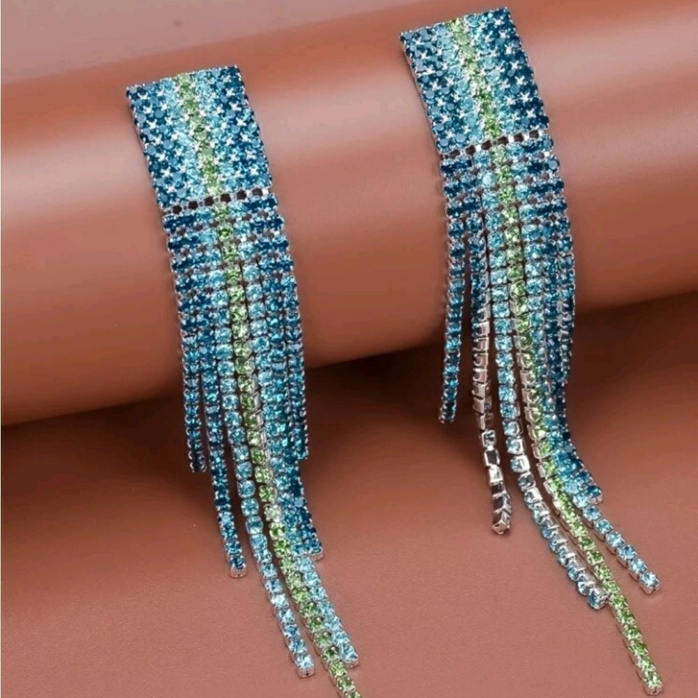 Teal Aqua Light Green CZ Fringe Tassel Dangle Earrings